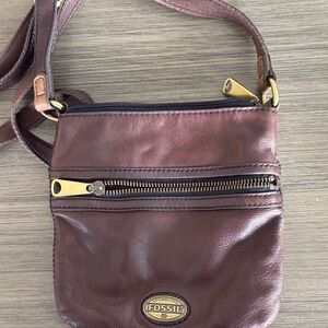 Fossil Brown Leather Crossbody Bag | Vintage Style | Multi Zip Small Messenger